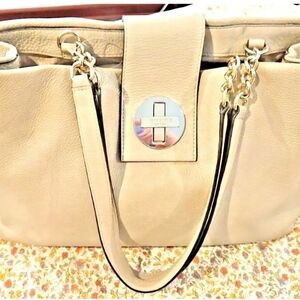 Vtg Kate Spade Turn Lock Duo Pkt Shoulder Bag Purse Pebbled Beige Leather Gold